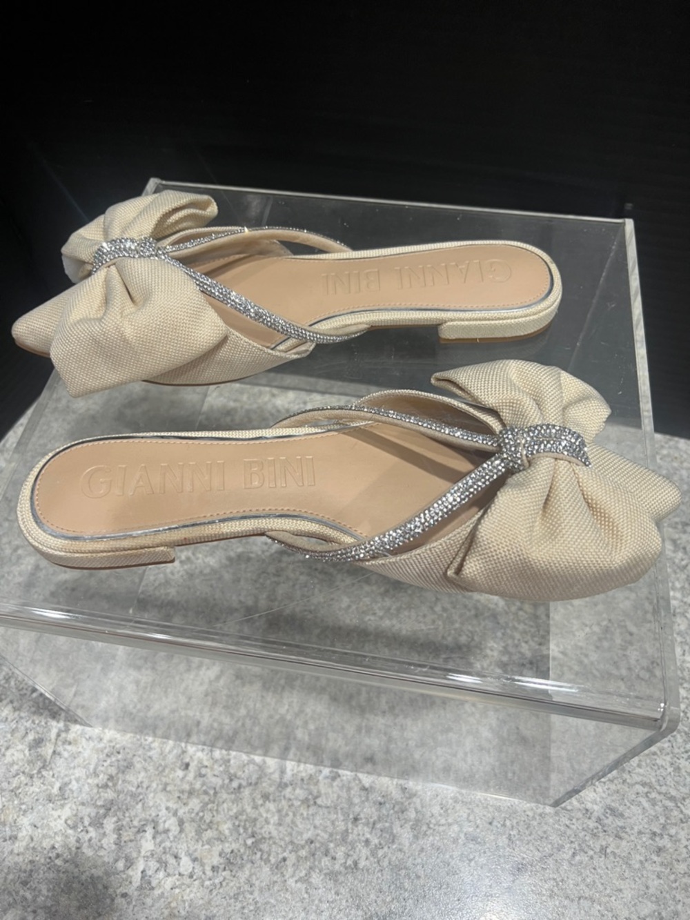 Gianni Bini Beige Bow Slide Sandals with Silver Rhinestone Straps - Picture 2 of 4